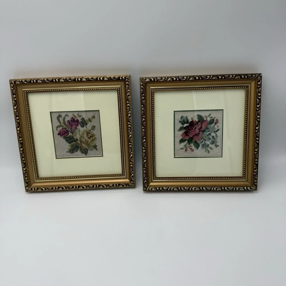 Lot 2 Floral Needlepoint Gold Matte Frame Cross Stitch Pair Hanging Cottagecore